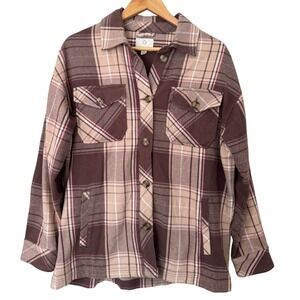 OFFLINE by Aerie Plaid Flannel‎ Shacket Brown Tan Pink Heavyweight Size Small